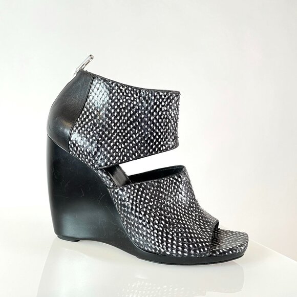 Balenciaga Snakeskin Peep Toe Wedge Sandal in Black & White w Wrapped Heel